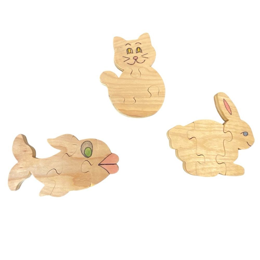 Vintage Wooden Animal Puzzle Set Kids Activity Set of Three